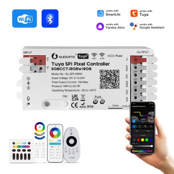 Gledopto Tuya Wi-Fi Pixel LED controller RGB/RGBW/RGBCCT (GL-SPI-206W), DC5~24V, 2*Channels, output signal SPI(TTL)×2 800Kbs, total max 15A output