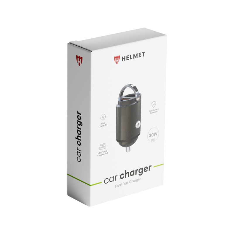 Helmet Car Charger Dual Port PD+USB 30W Smart Series, Black