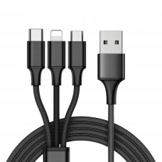 Helmet Cable USB 3in1 to Micro-USB+Type-C+Lightning Kevlar 1m, Black