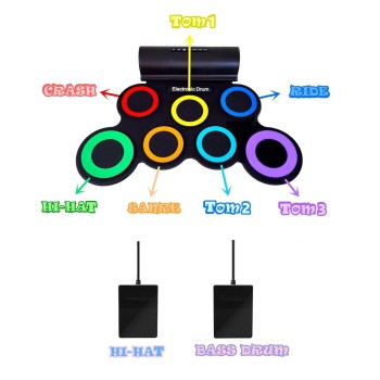 Roll Drum with Built-in Speakers, 7 pads Electronic, Rainbow Color