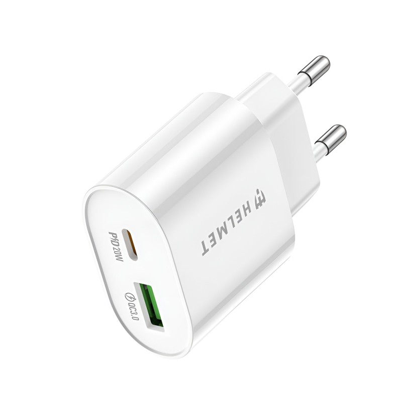 Helmet Wall Charger USB/Type-C PD, QC3.0 20W, White
