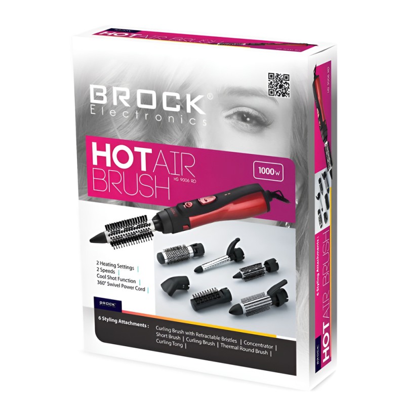 BROCK Hot Air Brush set with 6 tips HS 9006 RD, 1000W, Red 