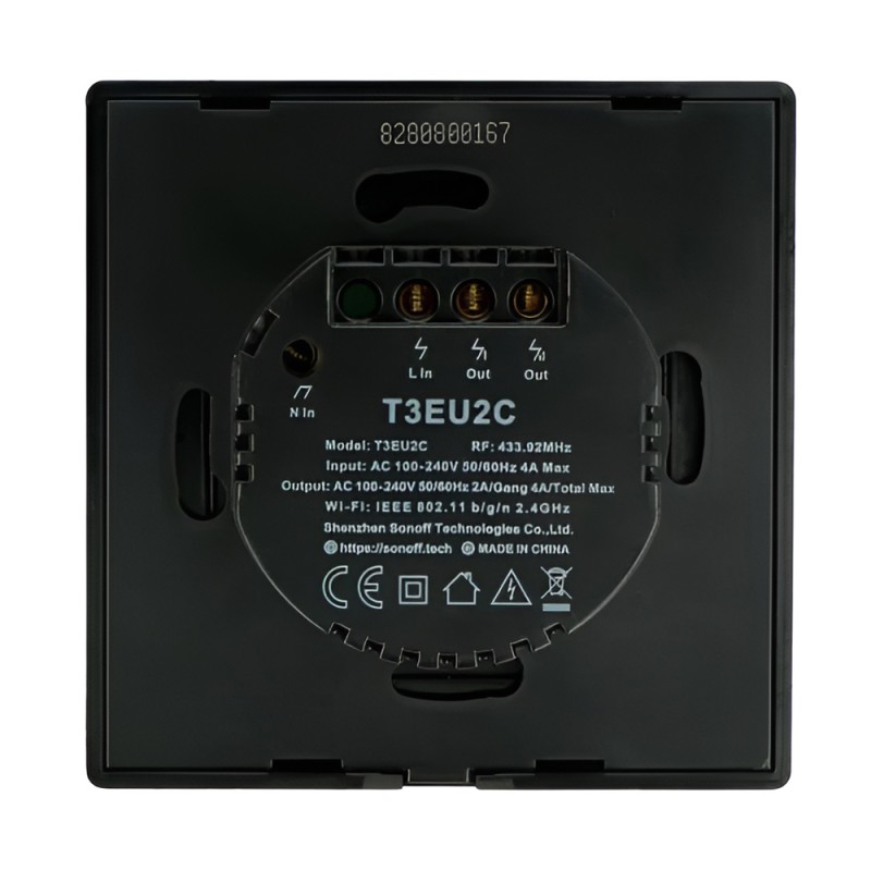 Sonoff Wi-Fi Smart Touch Wall Switch TX Series 2-Gang (Neutral Wire), Black