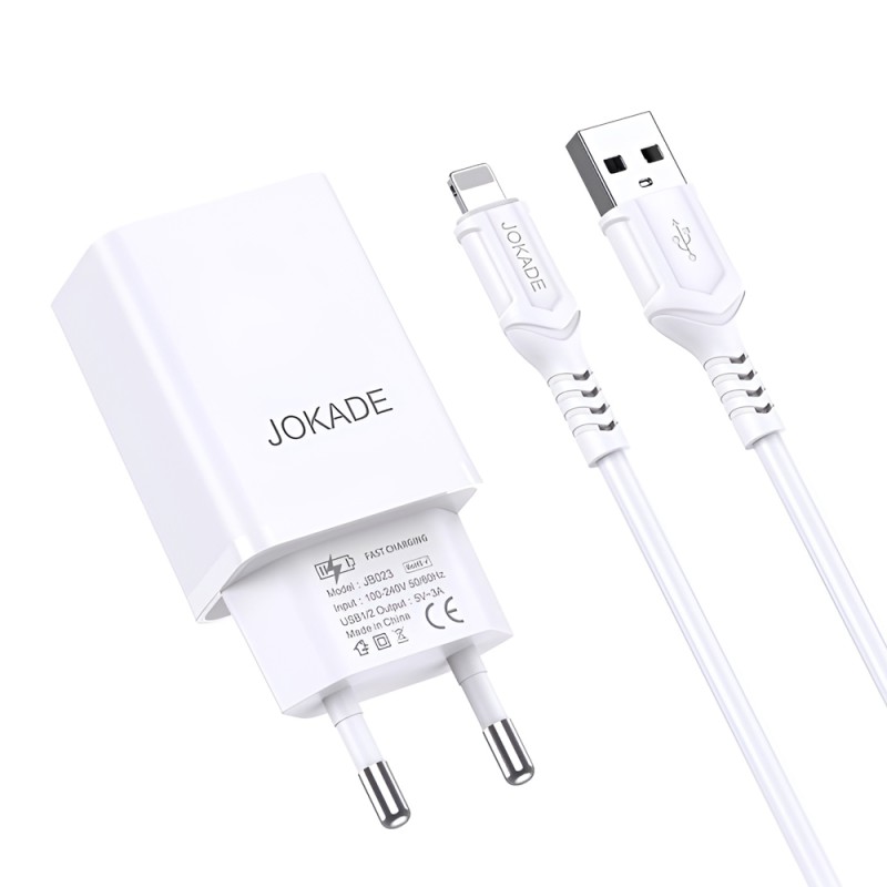 Jokade Wall Charger with Cable USB-A to Lightning Dual Port JB024 3A, White