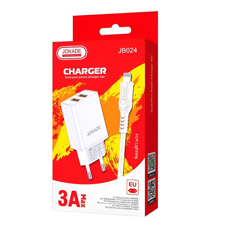 Jokade Wall Charger with Cable USB-A to Lightning Dual Port JB024 3A, White