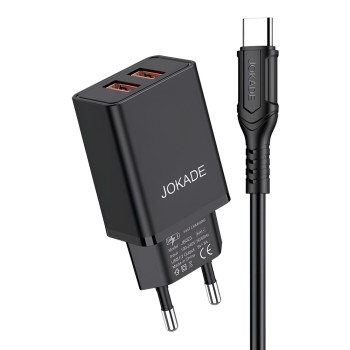 Jokade Wall Charger with Cable USB-A to Type-C Dual Port JB024 3A, Black