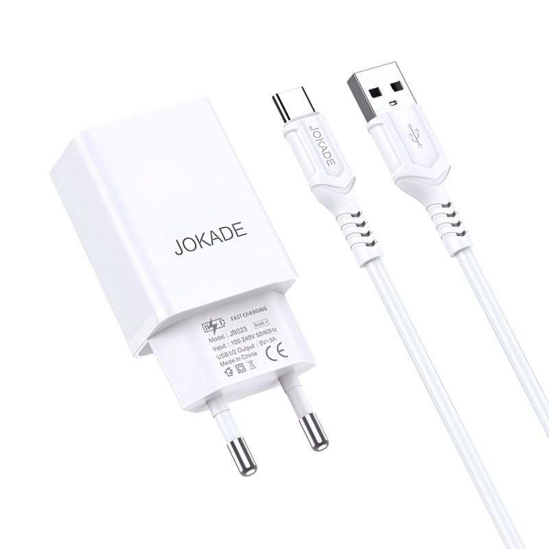 Jokade Wall Charger with Cable USB-A to Type-C Dual Port JB024 3A, White