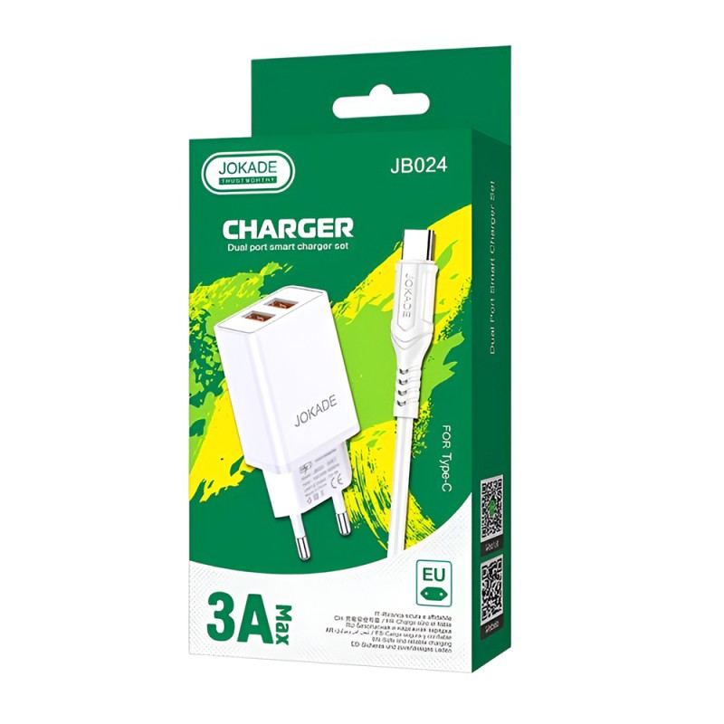 Jokade Wall Charger with Cable USB-A to Type-C Dual Port JB024 3A, White