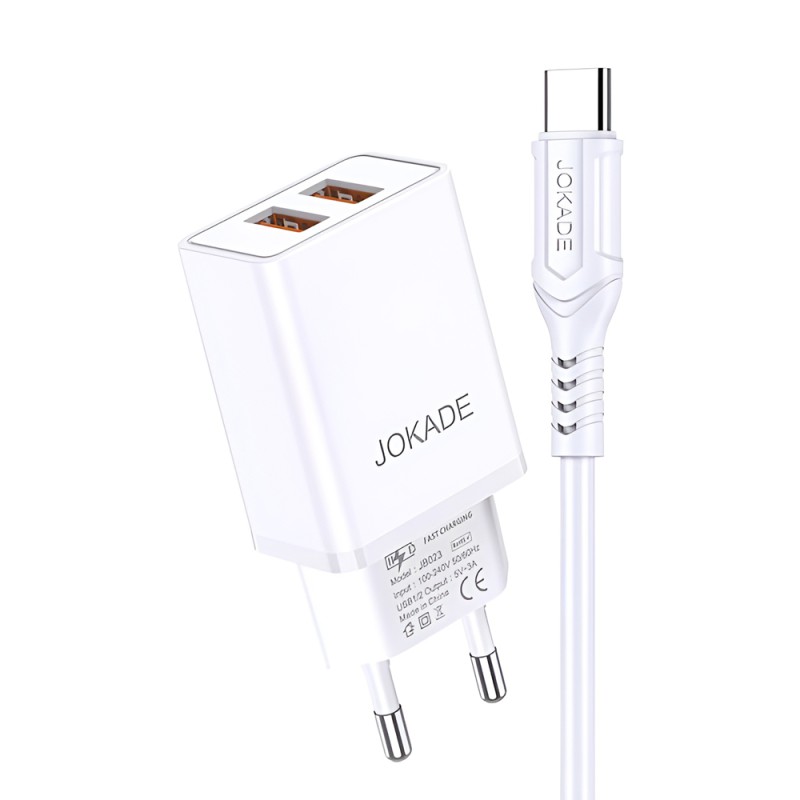 Jokade Wall Charger with Cable USB-A to Type-C Dual Port JB024 3A, White