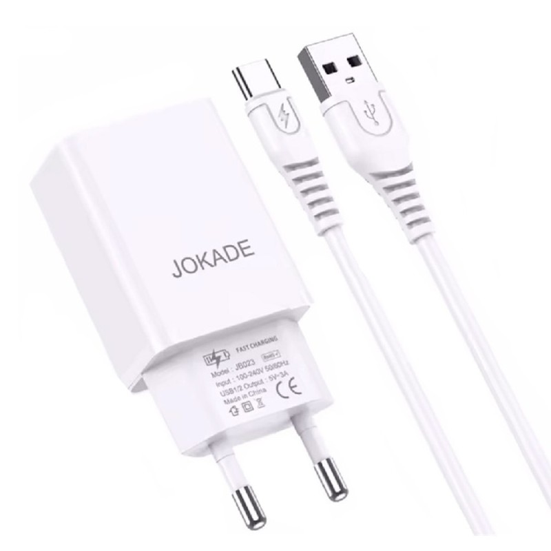 Jokade Charger Liangzi Series 2*USB-A with Cable USB-A to Type-C 1m, White