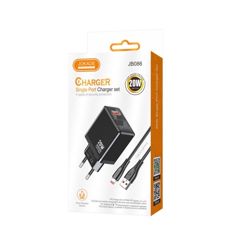 Jokade Wall Charger 1*USB-A 5A,20W with Cable Lightning JB086, Black