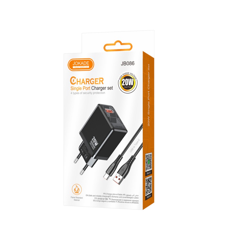 Jokade Wall Charger 1*USB-A 5A,20W with Cable Type-C JB086, Black