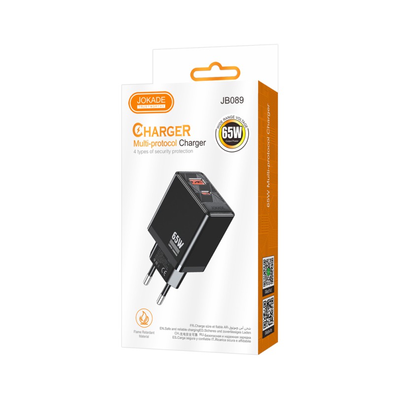 Jokade Wall Charger 1*USB-A+1*Type-C 5A,65W JB089, Black