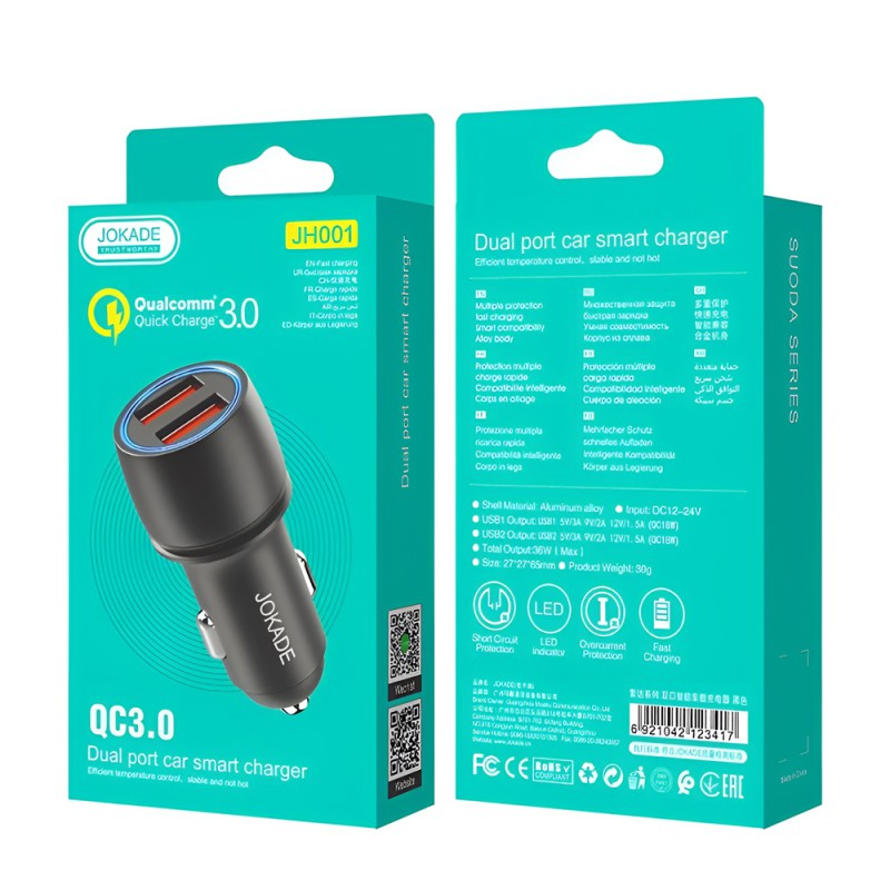 Jokade Car Charger 2*USB-A QC3.0 JH001, Black