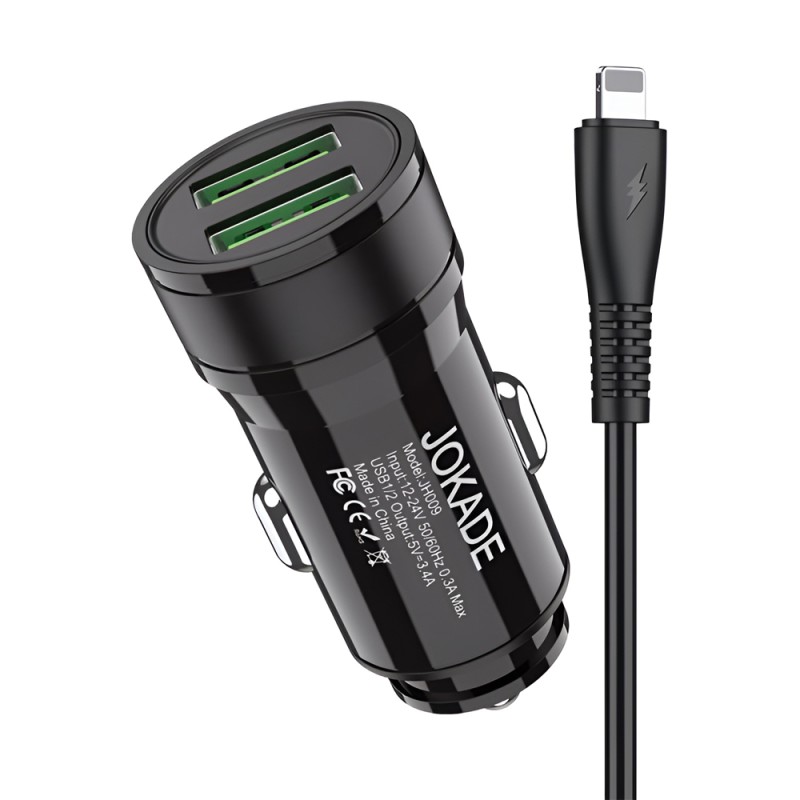 Jokade Car Charger 2*USB-A with Cable USB-A to Lightning 3.4A JH010, Black