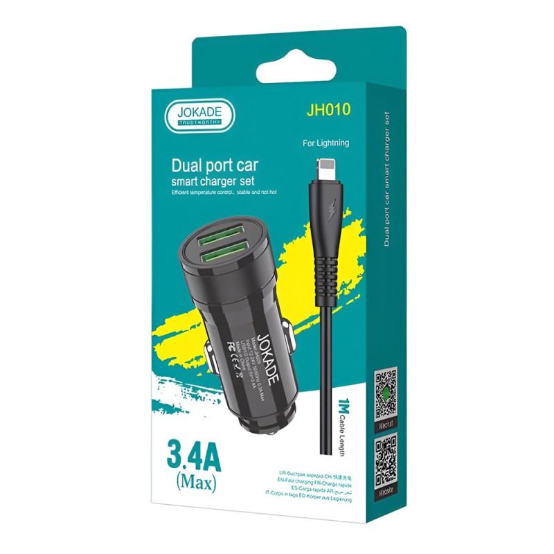 Jokade Car Charger 2*USB-A with Cable USB-A to Lightning 3.4A JH010, Black