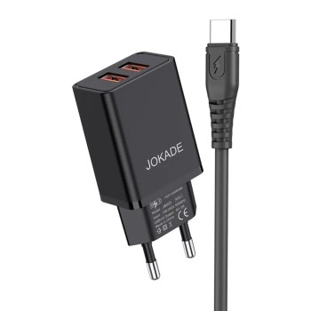 Jokade Wall Charger with Cable USB to Type-C Dual Port 5A Yiyue, Black