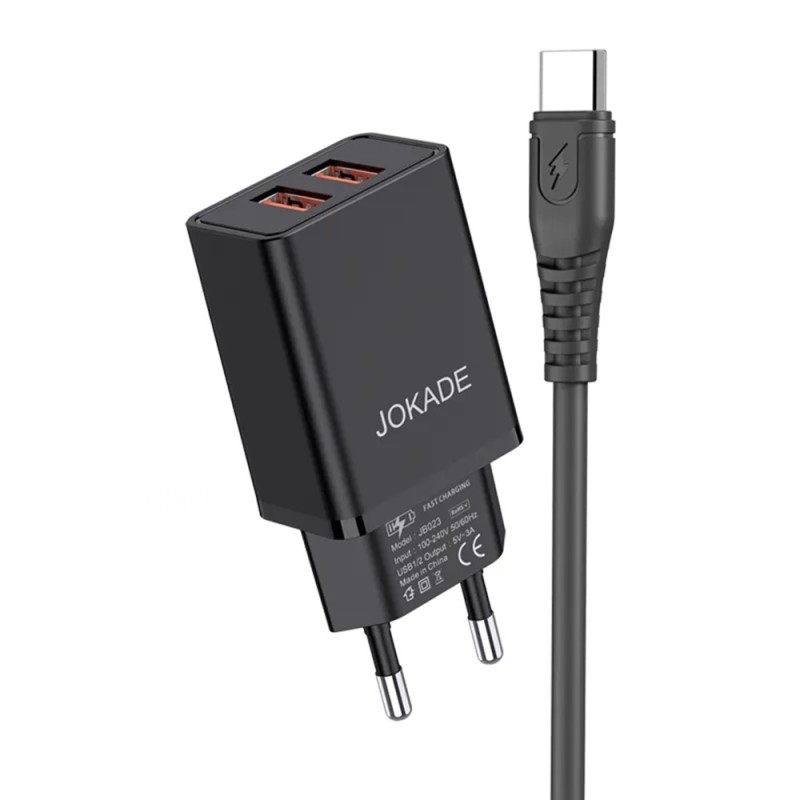 Jokade Wall Charger with Cable USB to Type-C Dual Port 5A Yiyue, Black