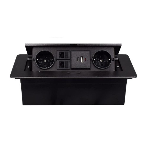 Multifunctional Desktop Socket, EU plug, 2 Sockets,1 USB,1 Type-C, 2 Network. Black