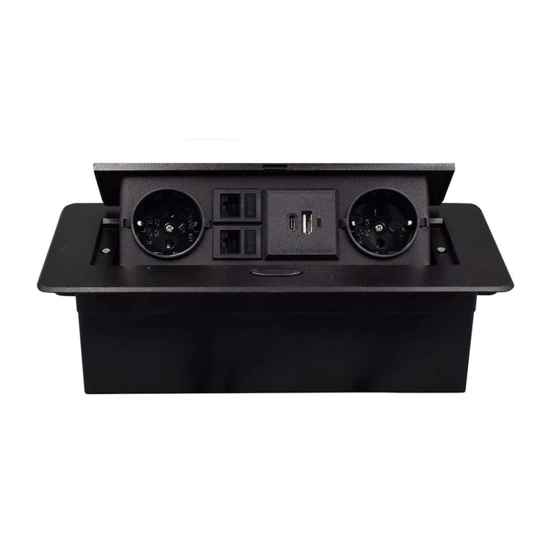 Multifunctional Desktop Socket, EU plug, 2 Sockets,1 USB,1 Type-C, 2 Network. Black