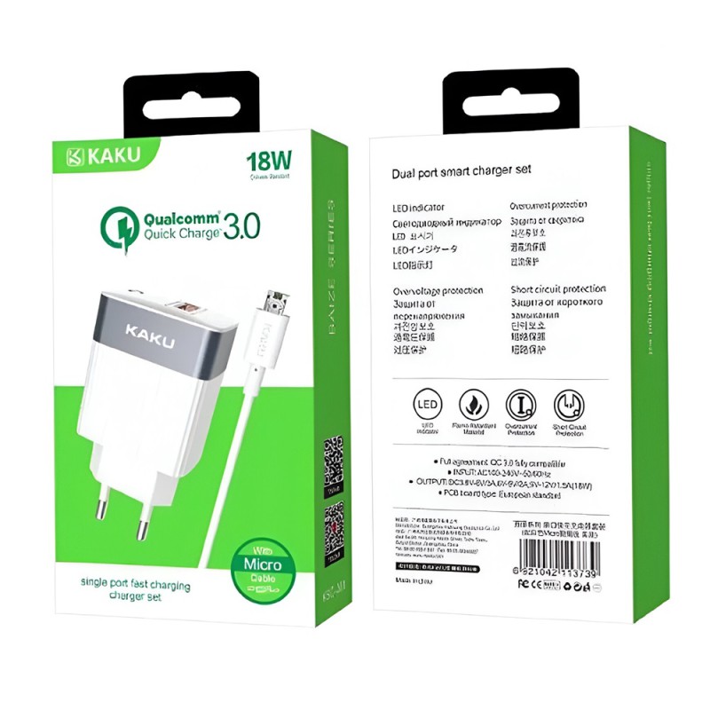 Ksiga Wall Charger with Cable USB to Micro-USB 18W KSC-369 Baize, White