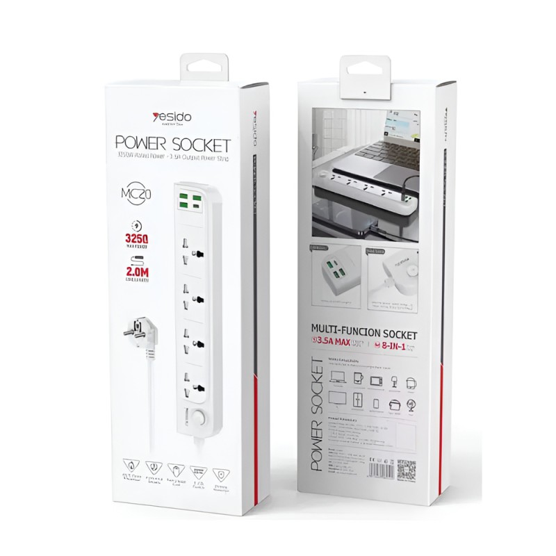 Yesido Power Socket 2M, 4 Ports, USB-C Max 15W,USB-A Max 12W, USB-C +USB-A = Max 15W MC20, White
