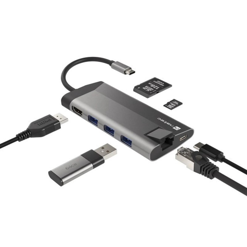 Natec Fowler Plus Hub Usb-c Multiport Adapter 8 In 1, Usb 3.0 3x, Hdmi 4k, Usb-c Pd, Rj45, Sd, Micro