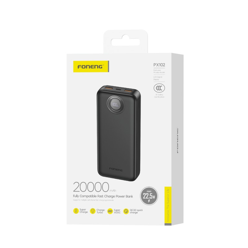 Foneng Power Bank with Digital Display 20000 mAh, 22.5W, Black