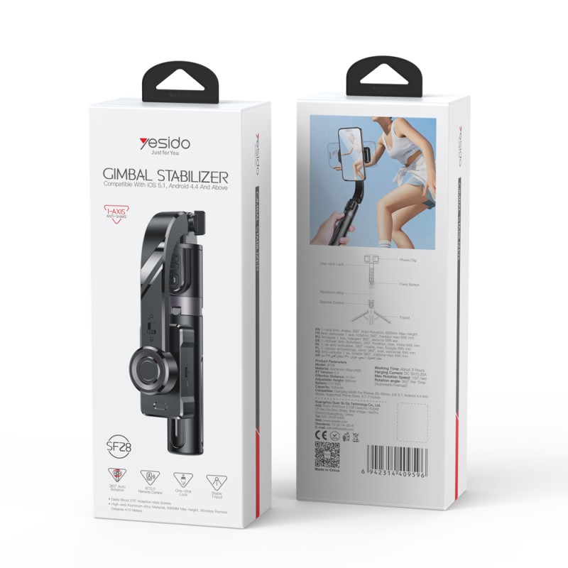 Yesido Bluetooth 5.0 Selfie Stick+ Gimbal 360°,Tripod Foldable Stabilizer 400mAh 70cm (SF28), Black