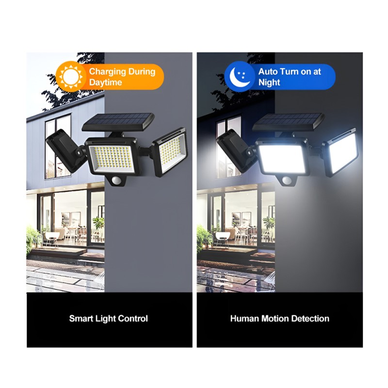 Solar Outdoor Lights 4000LM 210 Leds, Remote Control, 3 Adjustable Heads, Motion Sensor Lights, IP65 Waterproof, Black