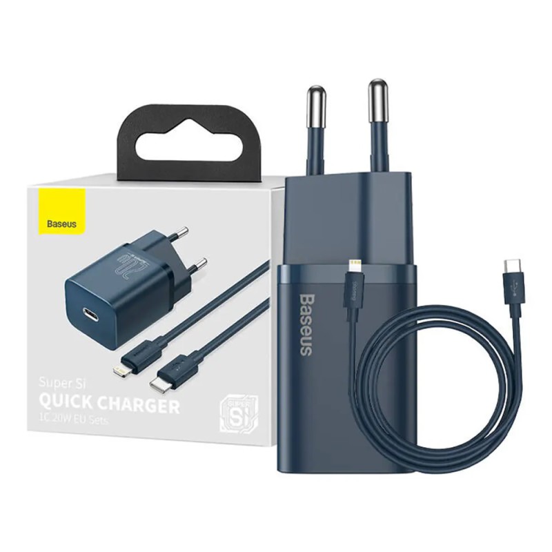 Baseus Super Si Quick Charger Type-C PD3.0 20W （With Baseus Cable Type-C to Lightning 1m), Blue