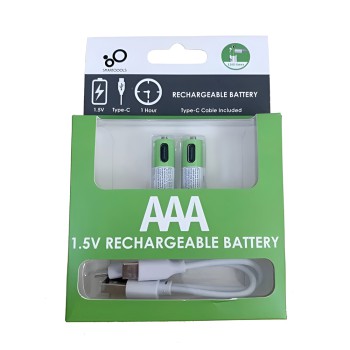 Rechargeable Li-ion USB-C batteries AAA 400mAh, 2pcs with 2in1 Type-C cable