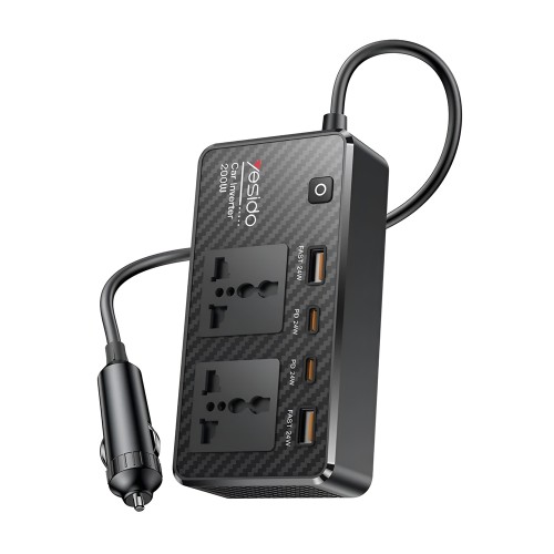Yesido Car Inverter 12V 200W Max 1*AC220v 1*200W 2*USB-A 2*Type-C, Black