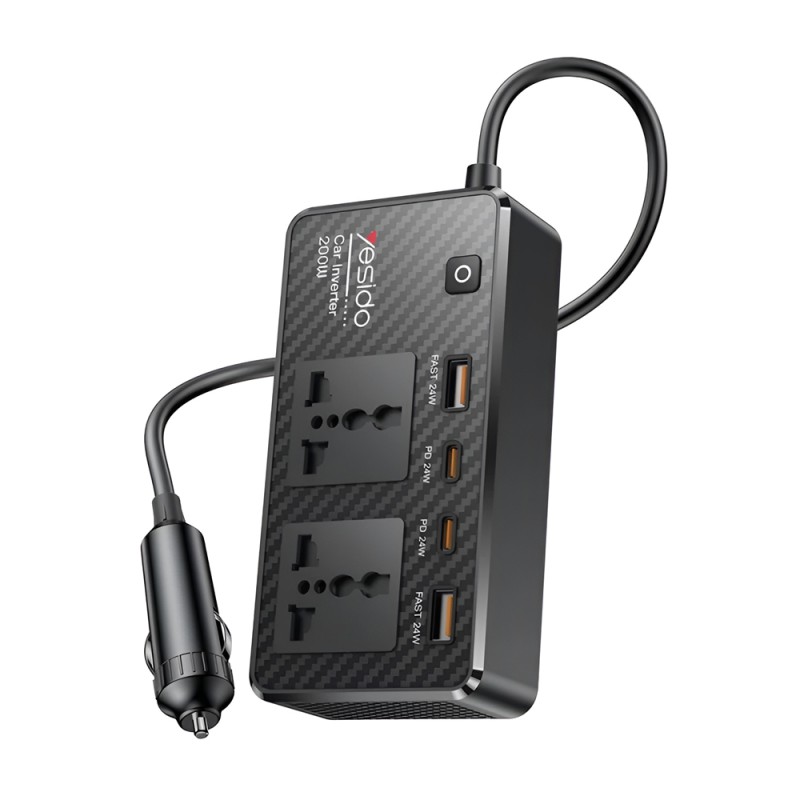 Yesido Car Inverter 12V 200W Max 1*AC220v 1*200W 2*USB-A 2*Type-C, Black