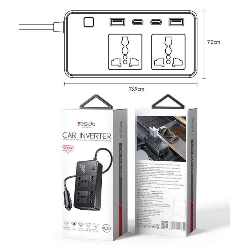 Yesido Car Inverter 12V 200W Max 1*AC220v 1*200W 2*USB-A 2*Type-C, Black