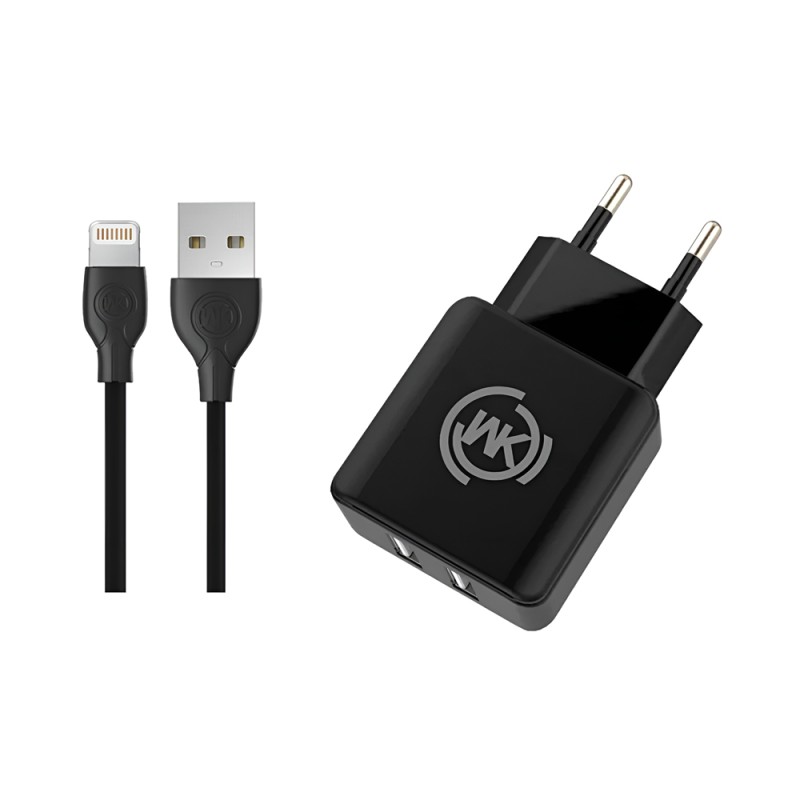 WK Design Wall Charger 2xUSB 2.1A (Cable USB to Lightning), Black