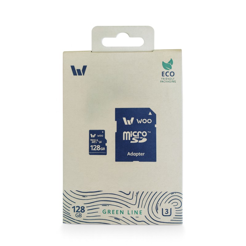 WOO MicroSD Card UHS-I (U3) (V30) + SD Adapter, Green Line, 128 GB