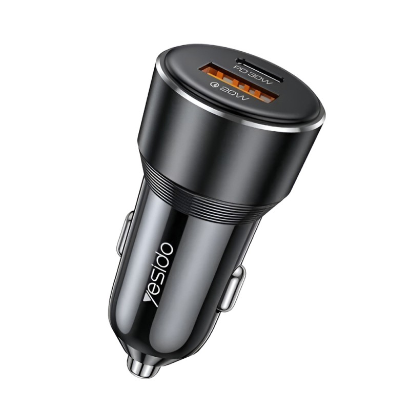 Yesido Car Charger Dual Port 1*USB-A+1*Type-C 50W Max 2.4A, Black