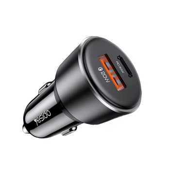 Yesido Car Charger Dual Port 1*USB-A+1*Type-C 50W Max 2.4A, Black
