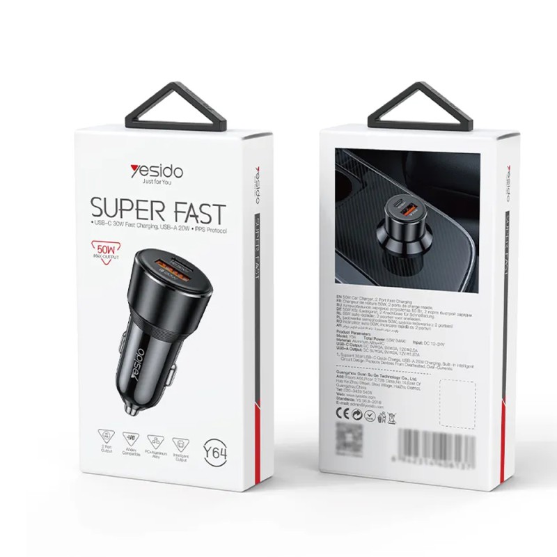 Yesido Car Charger Dual Port 1*USB-A+1*Type-C 50W Max 2.4A, Black