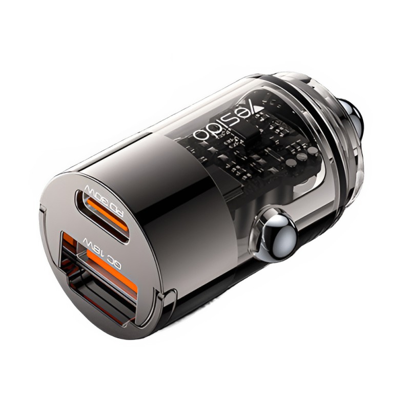 Yesido Car Charger Dual Port 1*USB-A+1*Type-C 30W 2.4A, Black