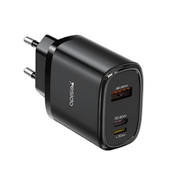 Yesido Wall Charger 1*USB-A+1*Type-C+1*Lighting 30W Max with Cable Type-C to Lighting YC52, Black