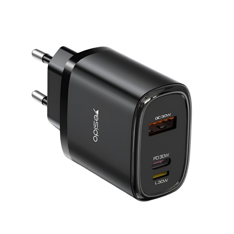 Yesido Wall Charger 1*USB-A+1*Type-C+1*Lighting 30W Max with Cable Type-C to Lighting YC52, Black