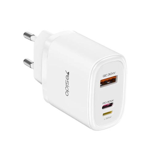 Yesido Wall Charger 1*USB-A+1*Type-C+1*Lighting 30W Max with Cable Type-C to Lighting YC52, White