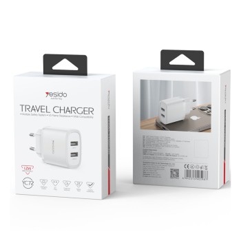 Yesido Wall Charger 2*USB-A 24W Max YC72, White