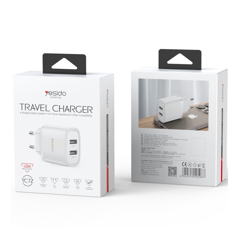 Yesido Wall Charger 2*USB-A 24W Max YC72, White