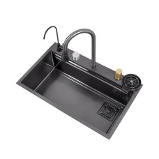 Kitchen Sink Stainless Steel Grade 304 Multifunctional Built-in Waterfall Sink 680*450mm, Black
